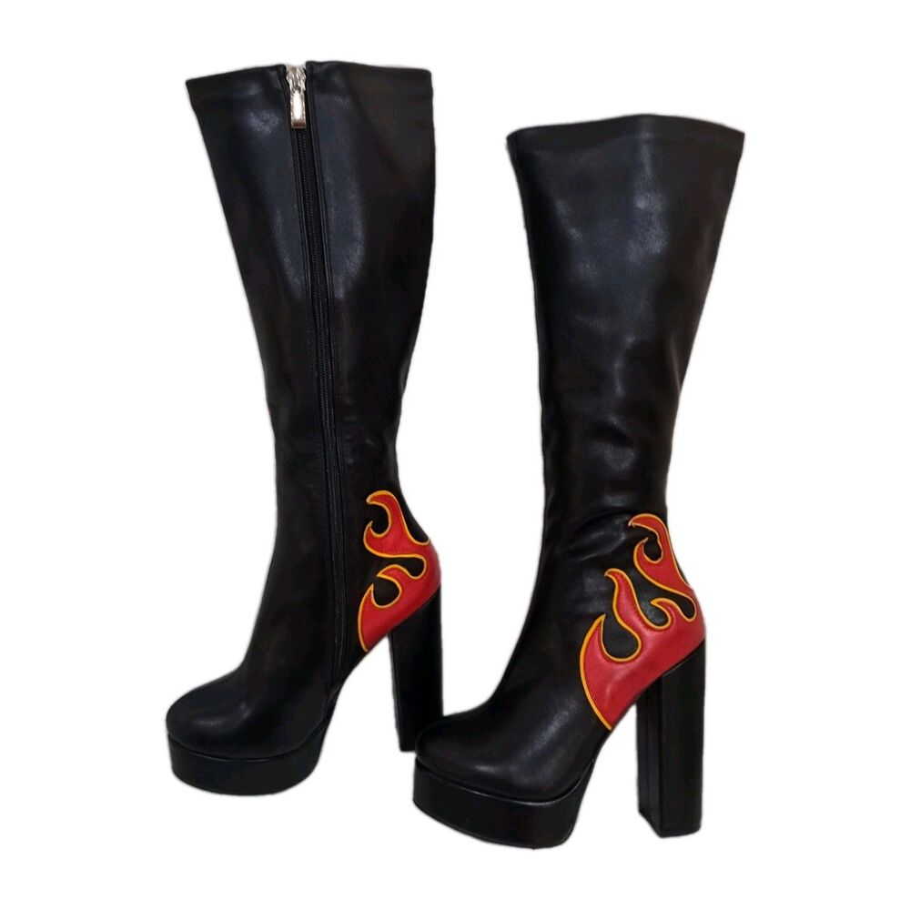 Women Knee High Platform Boots Chunky Heeled Side Zip Shoes Fire Graphic Size 36